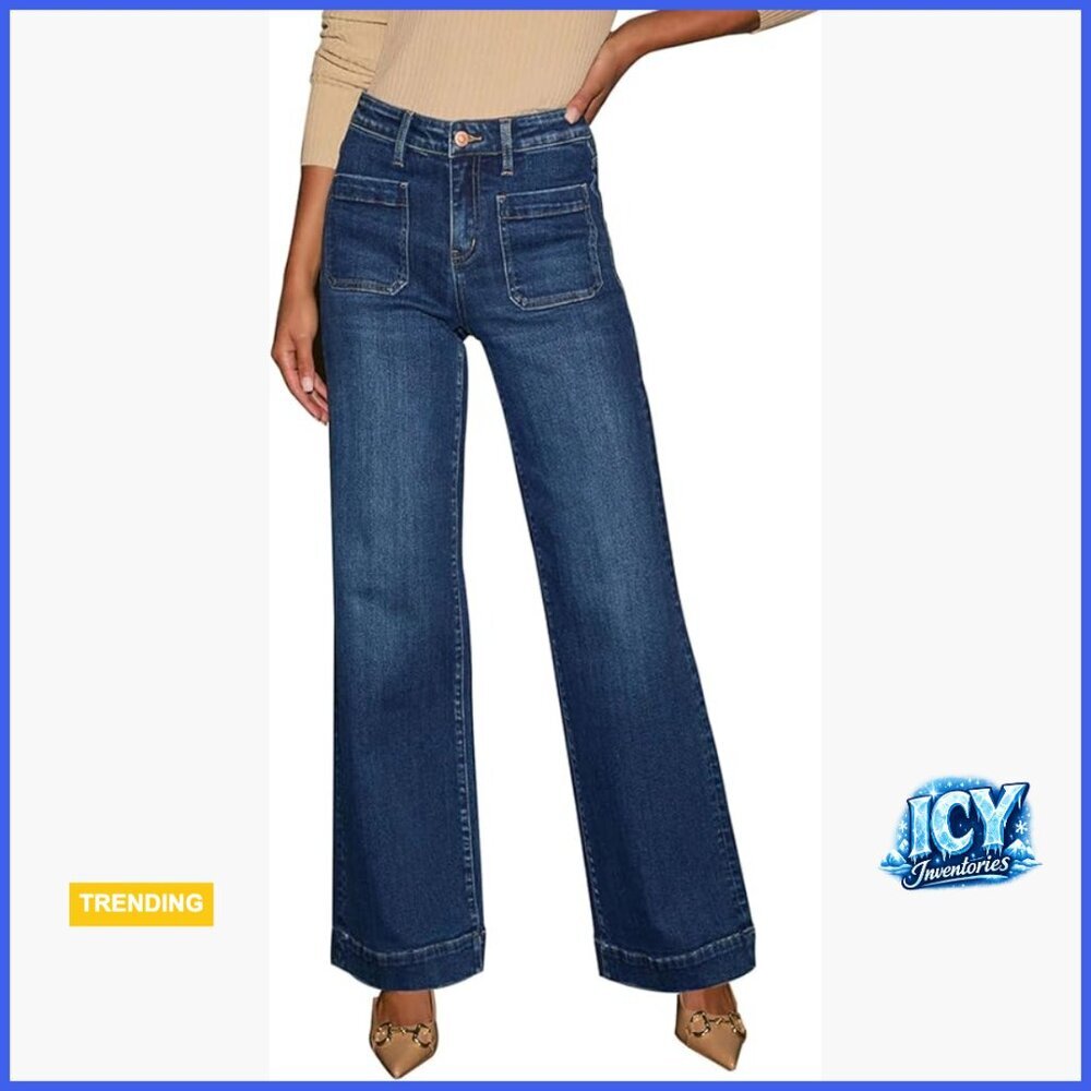 Wide Leg Jeans High Waisted Straight Leg Stretchy Denim Pants with Pockets